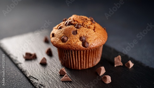delicious brown sugar muffin with rich chocolate chunks on dark slate background