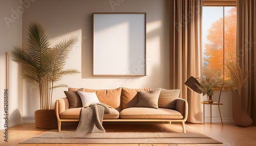 an aesthetic frame mockup poster hanging on the wall in a warm living room beautifully captured in a 3d rendering