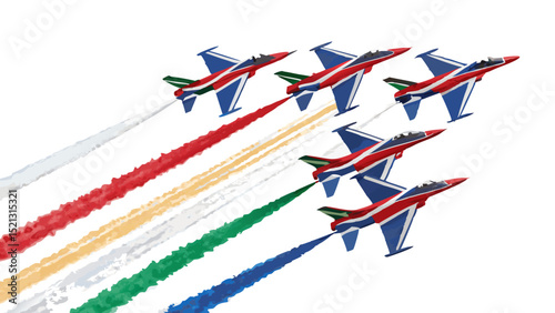 Five fighter jets airshow formation, clean cutout, transparent background
