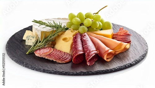 cheese platter with salami ham cheese grapes and rosemary isolated on white background
