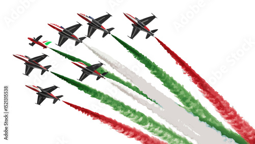 Italian air force jets aerobatic display team on white