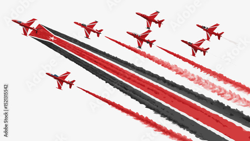 Red airplanes flying in formation, smoke trails, transparent background