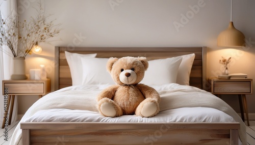 cozy beige teddy bear sitting on a neatly made bed with white linens and wooden headboard