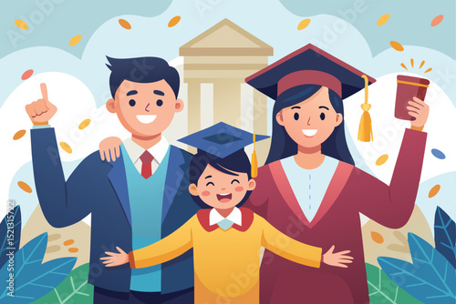 Happy family celebrating graduation day with a student in a graduation cap and gown