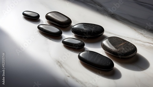 five polished black stones arranged on a white marble surface bathed in sunlight