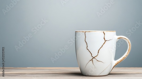 An artistic close-up of a cracked white mug capturing the raw essence of imperfection, symbolizing fragility and resilience in human life experiences.