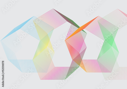 Colorful hexagonal pattern image of thin intersecting lines, forming a dynamic and symmetrical effect on a light gray background