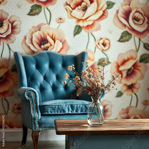 blue chair and floral wallpaper