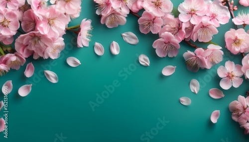 cherry blossoms with pink petals on teal background