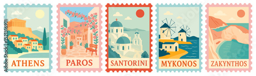 SET OF GREECE STAMPS ILLUSTRATION (THE CYCLADES, ATHENS, MYKONOS, SANTORINI, PAROS, ZAKYNTHOS)