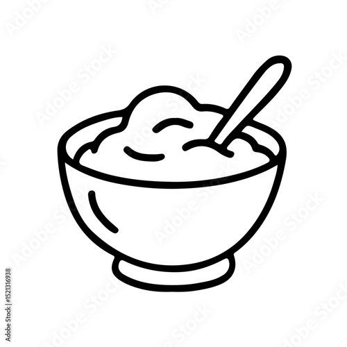 This vector illustration depicts a simple black and white bowl of yogurt or dessert with a spoon, ideal for food-related designs, dietary content, or minimalist kitchen themes.
