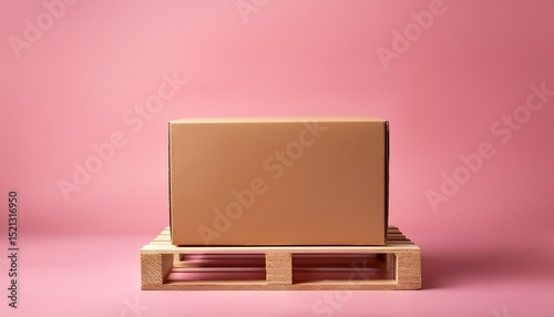 brown cardboard box on wooden pallet with pink background