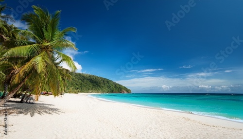 a white sandy beach with palm trees and blue sea