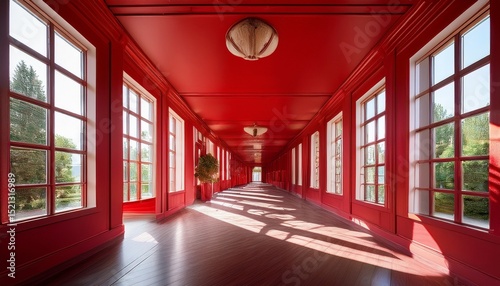 a stylish red hallway with large windows creating an airy atmosphere enhanced by sunlight