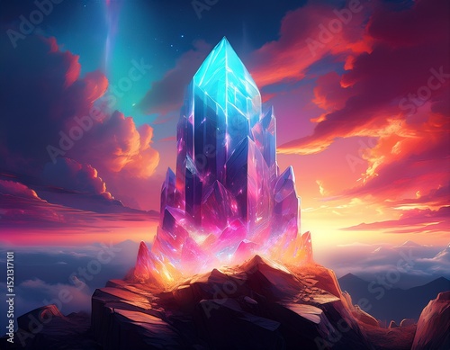 a large glowing crystal structure emitting vibrant colors standing atop a rocky outcrop surrounded by clouds and a dramatic colorful sky