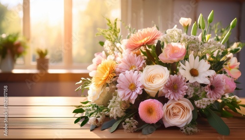 fresh cut flowers arranged in a bouquet on a wooden table with a soft warm light bouquet flower