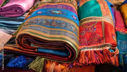colorful traditional shawl displayed with vibrant drapes and patterns