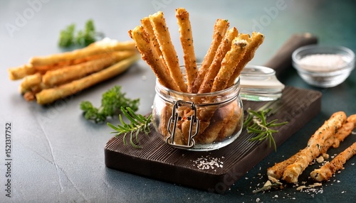 crispy golden brown parmesan cheese straws in a jar with fresh herbs and spices