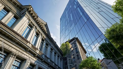 Contrast of Classic and Modern Architecture in City Street with Trees and Reflections on Glass Tower