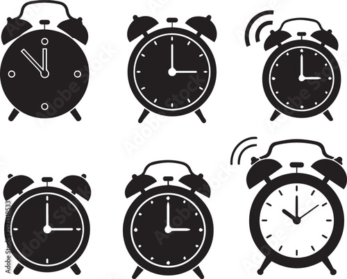 Alarm clocks vector illustration black and white time management wake up reminder deadline graphic design asset
