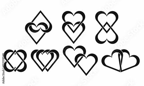 Set of linked heart symbols in abstract geometric styles. Minimalist love icons for logo, wedding design, romantic branding, tattoo, or decoration.