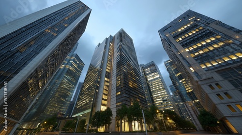 Skyscrapers with glass facade reflecting twilight lighting and horizon glow. AI generated.