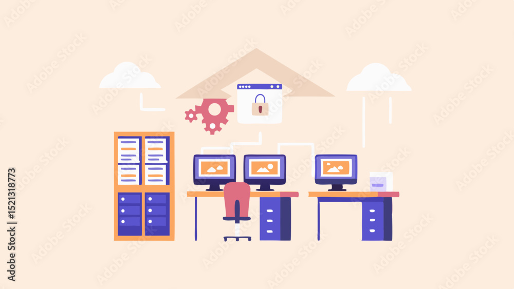 Fototapeta premium Illustration of a secure cloud network with computers and office furniture in a light setting