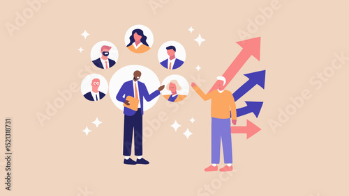 Illustrated business meeting with team members and upward trending arrows shown in the image scene