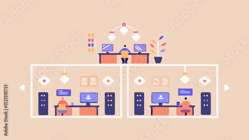 Illustration showing office cubicles with people working at their computers in a modern design