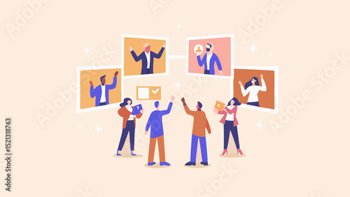 Group of people in a virtual meeting with screens showing participants waving and interacting online
