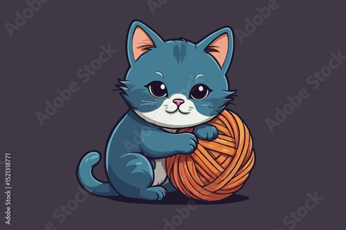 Cute Blue Kitten Playing with Yarn