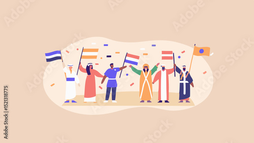 Diverse group of people in traditional clothing holding flags and celebrating together happily