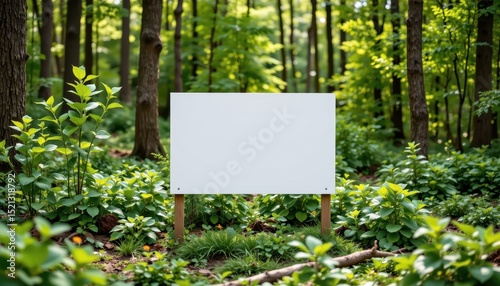blank white sign mockup in lush green forest setting outdoor signage presentation for eco brand marketing and environmental product showcase
