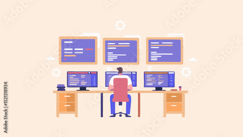 Person sitting at a desk with multiple computer screens displaying code and wall mounted displays