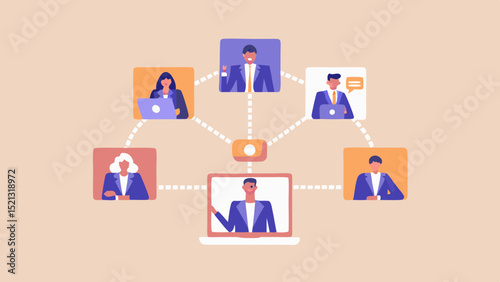Illustration of a virtual meeting with six people connected through a central hub and laptops