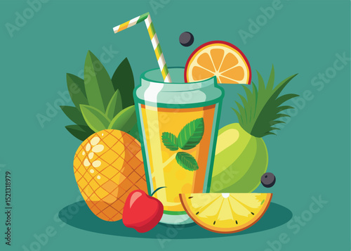 Refreshing and delicious tropical fruit smoothie with pineapple orange and apple illustration