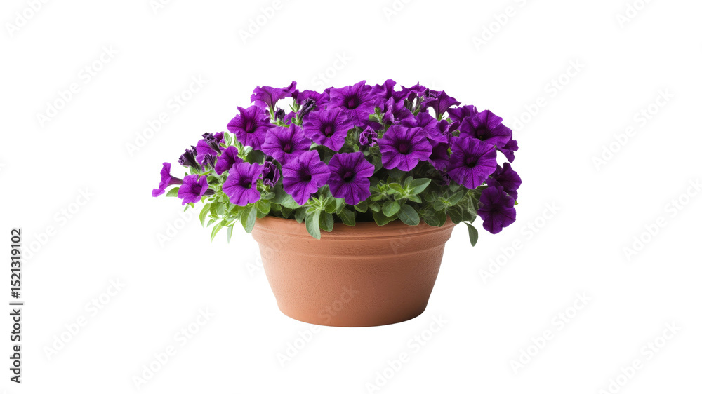 Fototapeta premium Vibrant Purple Petunias in Terracotta Pot - Springtime Blooms