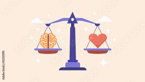 Illustration of a balance scale with a brain and heart representing the balance of logic and emotion