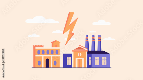 Illustration of a factory with three chimneys and a lightning bolt in the sky with clouds