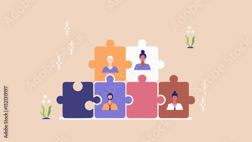 Diverse team members represented by puzzle pieces stacked on a light brown background design concept art