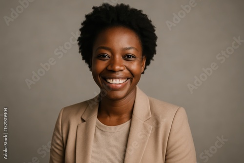 Smiling woman in a beige blazer on a neutral background showcasing confidence and warmth