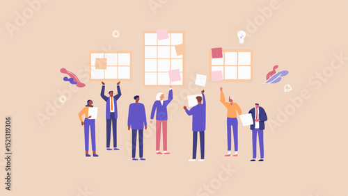 Group of people collaborating with sticky notes on boards in a light peach colored room setting scene