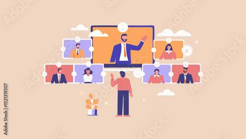 Online conference with a presenter on screen and participants in video call windows arranged around him