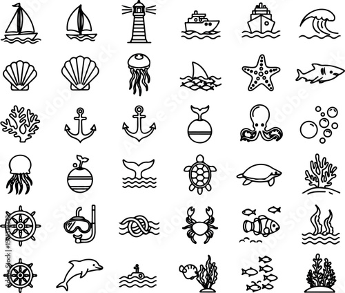 Nautical And Marine Life Icon Set- Vector Ocean, Sea Creature And Boat Symbols.