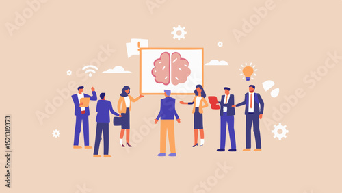 Business meeting with brain on whiteboard and lightbulb symbolizing ideas and innovation shown here