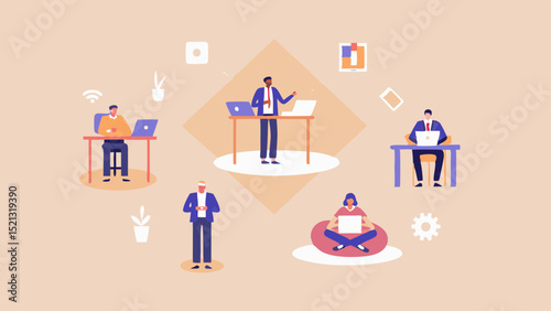 Illustration of people working remotely with laptops in a modern and minimalist style design setup