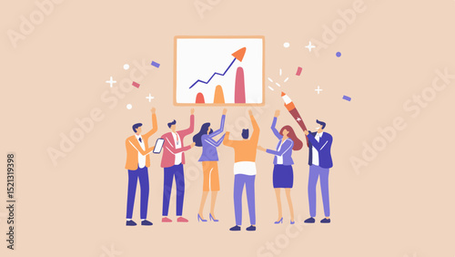 Illustration of a team celebrating success with a rising graph and confetti in the background
