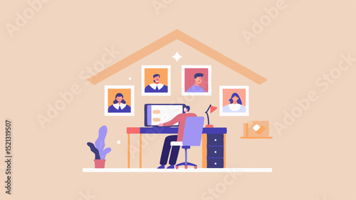 Person working at desk with computer and lamp in home office with family pictures on the wall