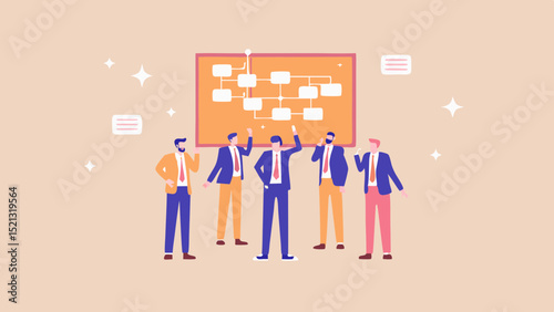 Group of business people discussing a flowchart on a board in a meeting environment setting