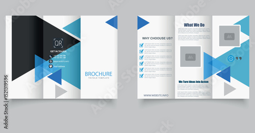 Professional corporate trifold brochure template with modern geometric shapes, editable placeholders, and contact icons. Perfect for business presentations and company profiles. Printable template.